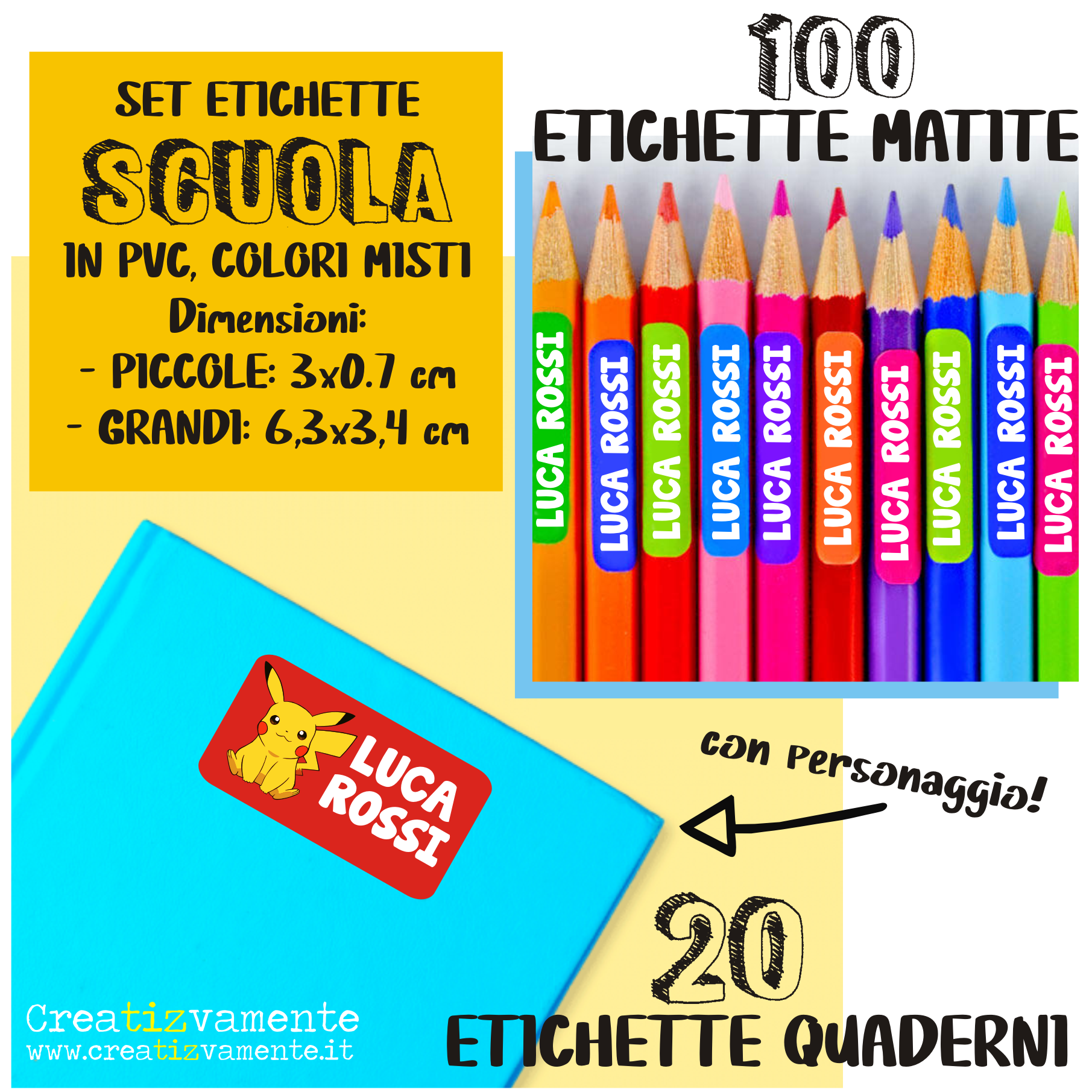 Etichette PVC scuola matite quaderni 120 pz. – Pikachu – Regali  Personalizzati