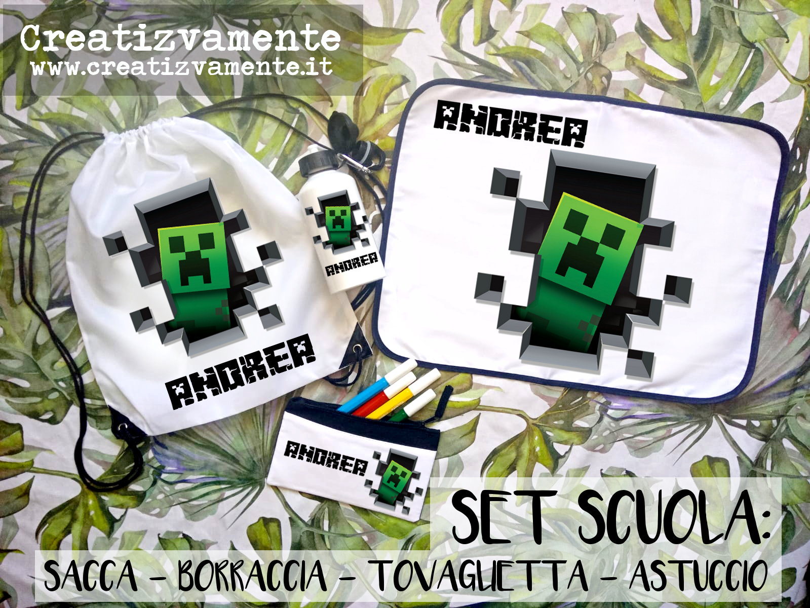 Kit scuola MINECRAFT – Sacca, Astuccio, Borraccia, Tovaglietta – Regali  Personalizzati