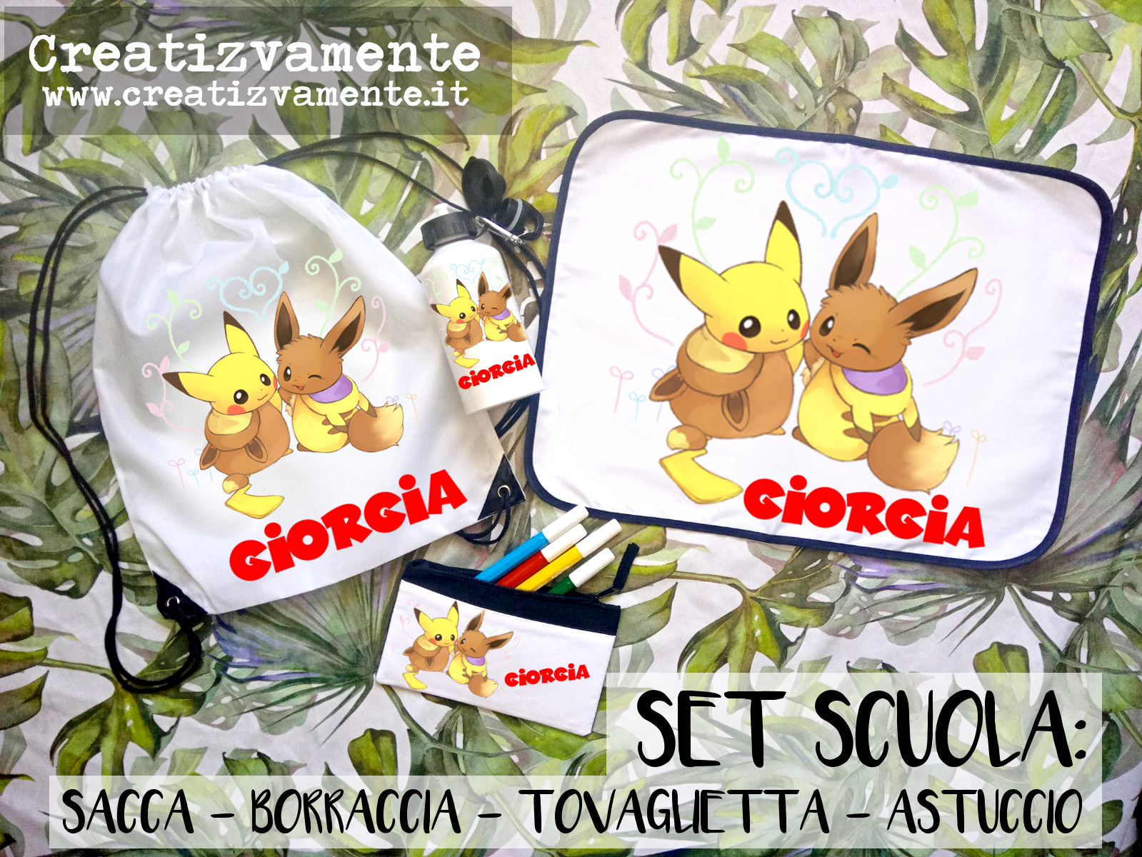 Kit scuola PIKACHU EEVEE – Sacca, Astuccio, Borraccia, Tovaglietta