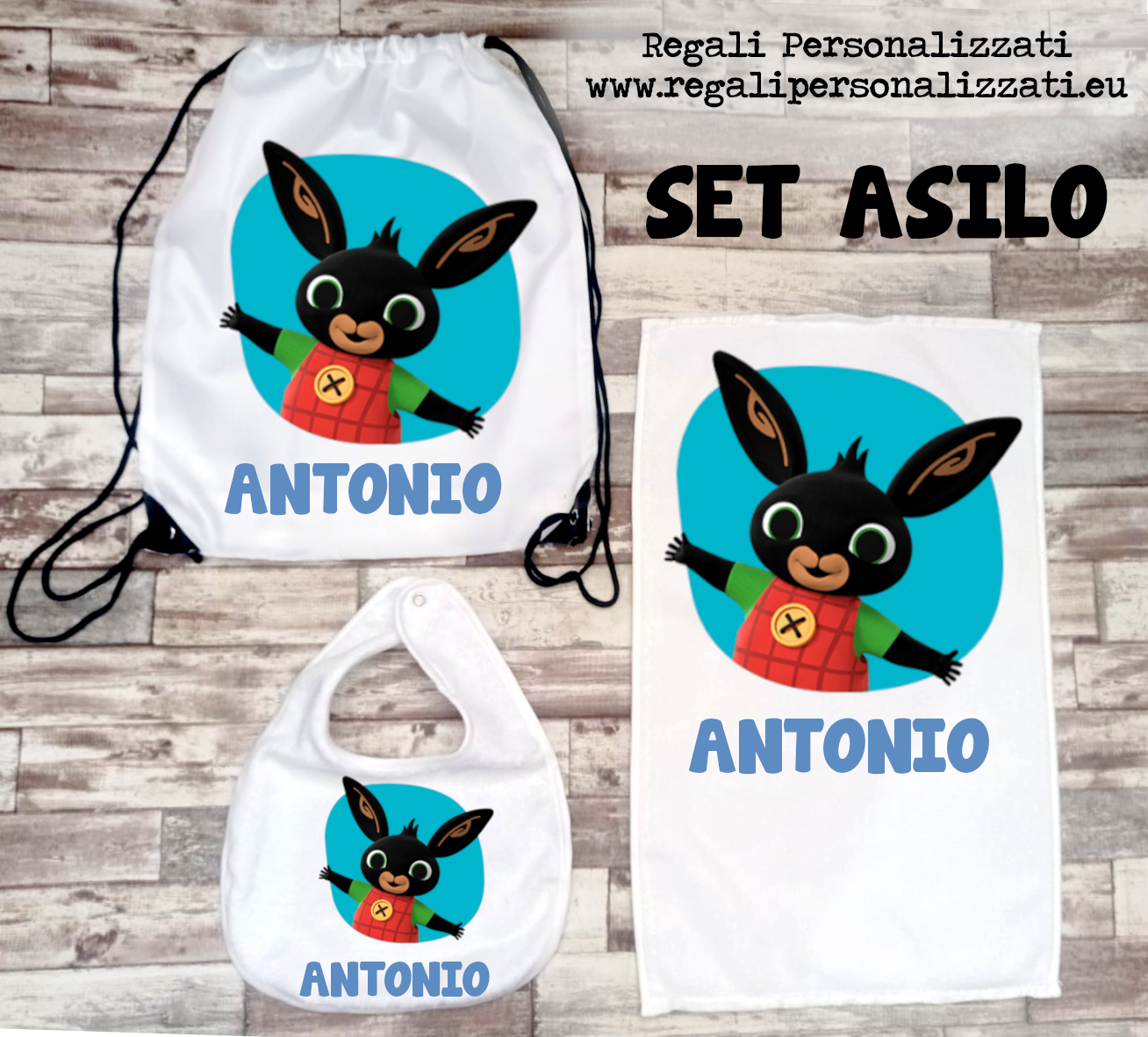 SET ASILO – BAVAGLINO, ASCIUGAMANO, SACCA – BING – Regali Personalizzati