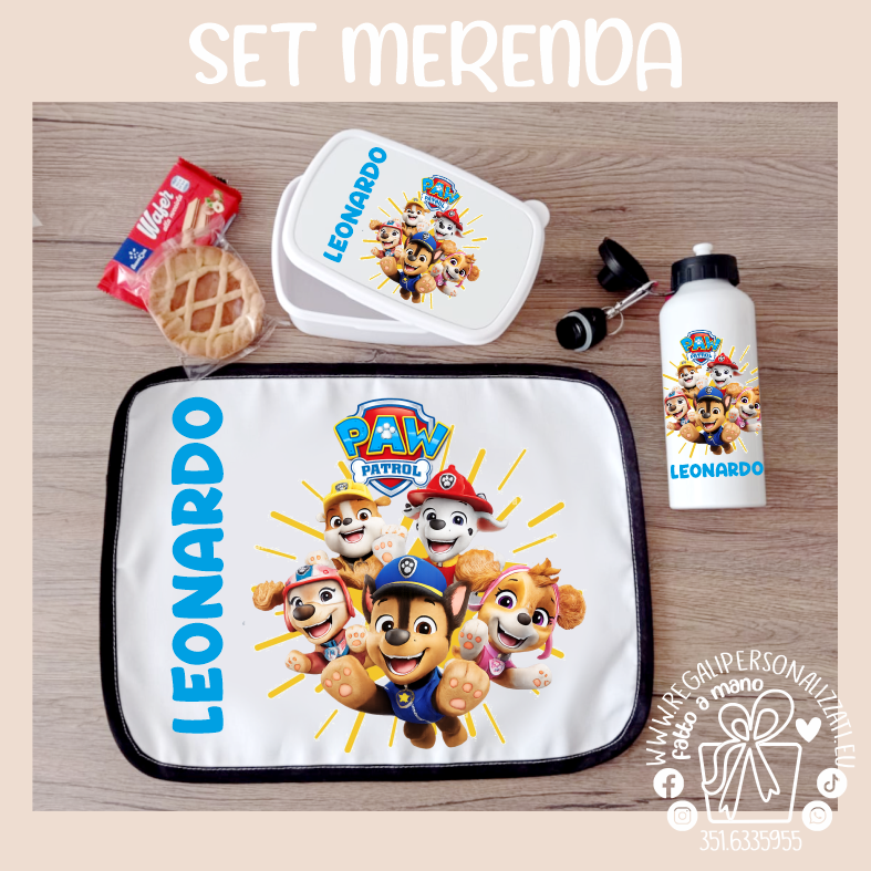 SET MERENDA Paw Patrol Boy - Borraccia, Tovaglietta, Porta merenda