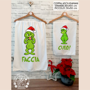 Coppia asciugamani "Faccia Culo" varie grafiche (Babbo, Grinch, Renna, Pupazzo di neve)
