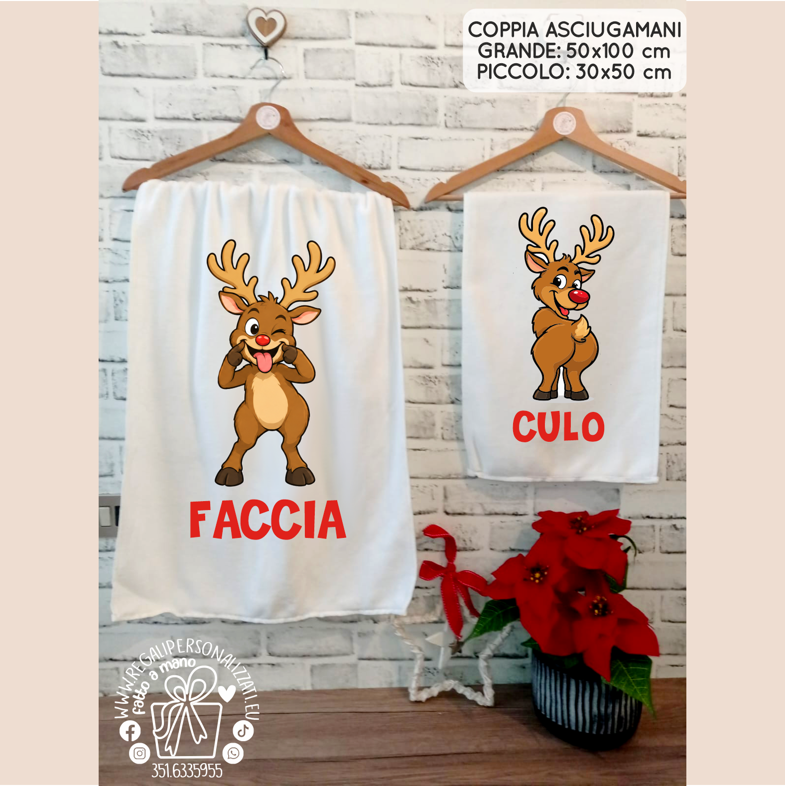 Coppia asciugamani "Faccia Culo" varie grafiche (Babbo, Grinch, Renna, Pupazzo di neve) - immagine 4